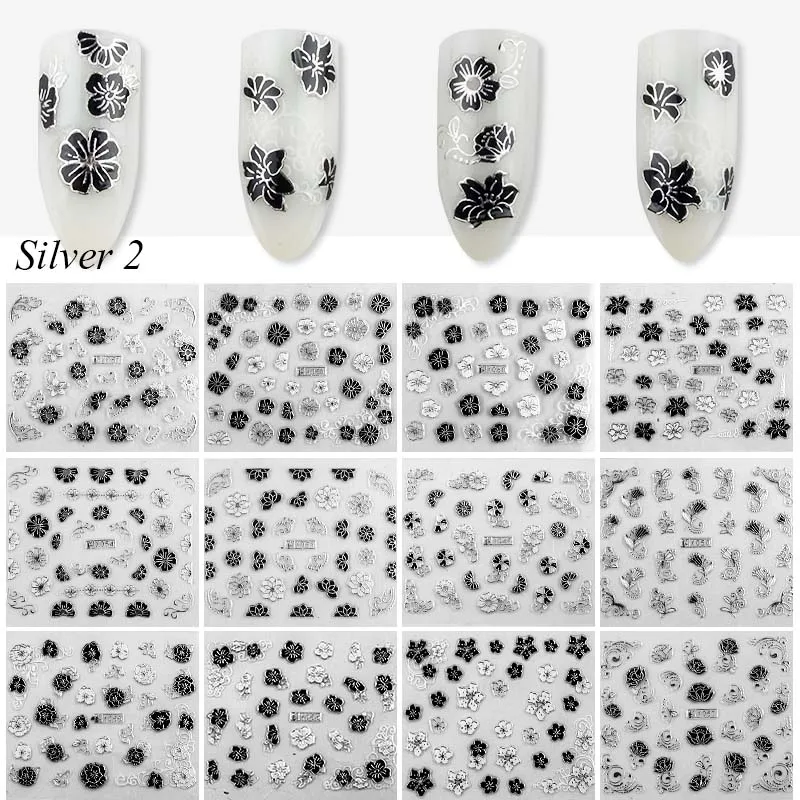 12 листов, наклейки для ногтей, дизайн, клей, ремесло, золотой, черный, 3D, кружева, лепесток, дизайн ногтей, наклейки, сделай сам, модные обертывания, советы, маникюрные инструменты - Цвет: silver black flower2