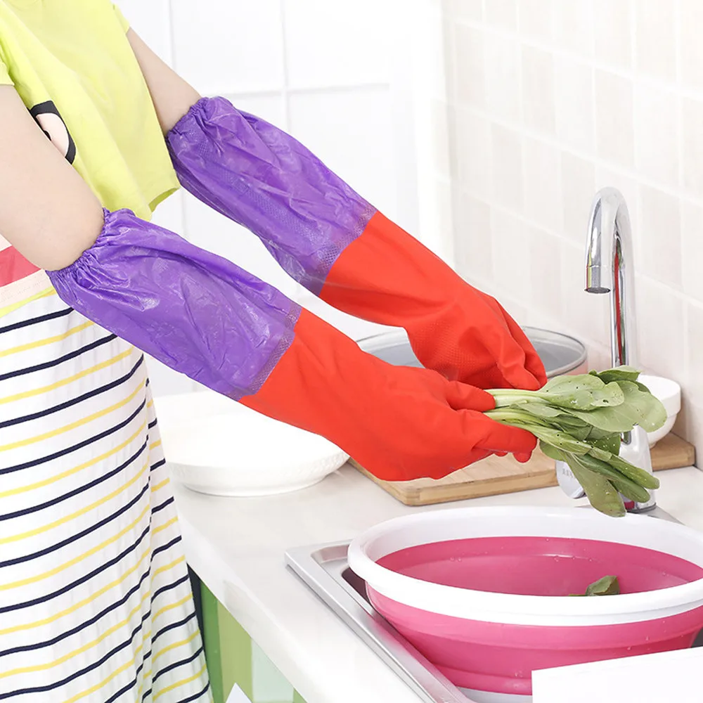 

1 Pair Household Waterproof Washing Up Long Sleeve Kitchen Dishes Cleaning Glove Wash dishes Anti-oil plastic gloves gloves