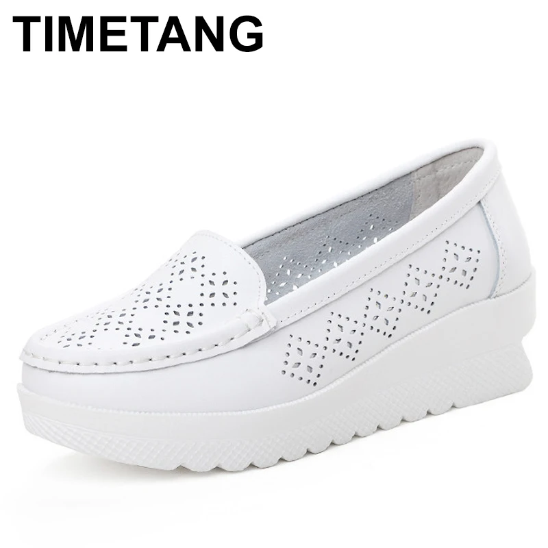

TIMETANGFashion Cutout WomenShoes Summer Split Leather Moccasins for Women Flat White Nurse Shoes Creepers Platform SneakersE795