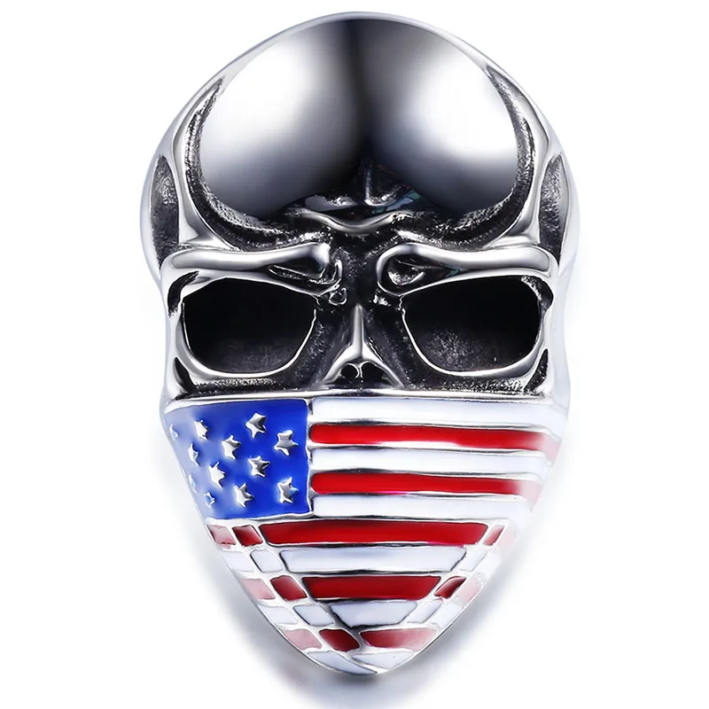 

European Style Large Titanium Steel Skull Ring Mysterious Masked USA Flags Skeleton Finger Toys for Male Men Fancy Jewelry jz035