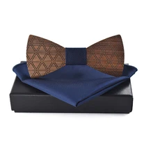 Fashion Wooden Bowtie Handkerchief Set Wedding Business Wood Bowknots Bow Tie for Mens Plaid Printed Bowtie Polyester Hanky