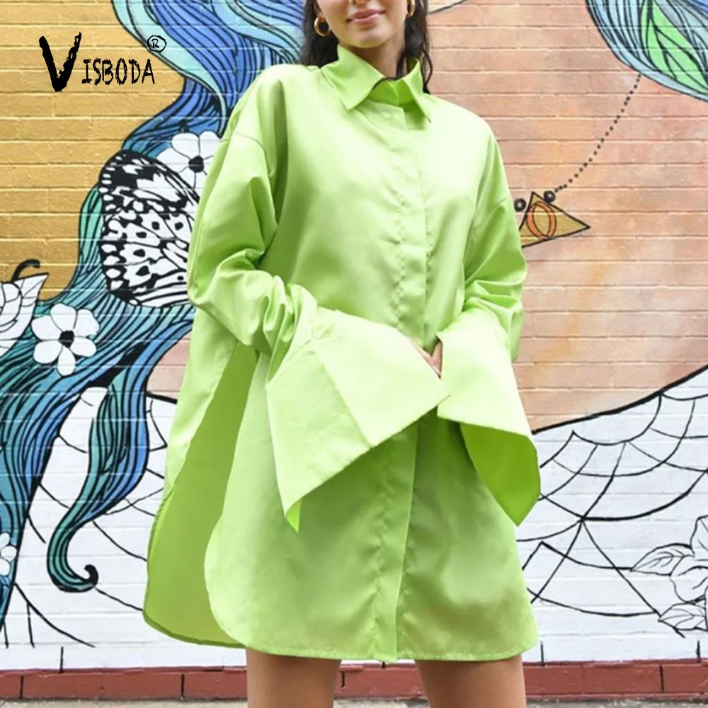 Женская блузка большого размера d рубашка с длинным рукавом неоновый зеленый топ рубашка Мода 2019 дамы отложной воротник Свободная рубашка