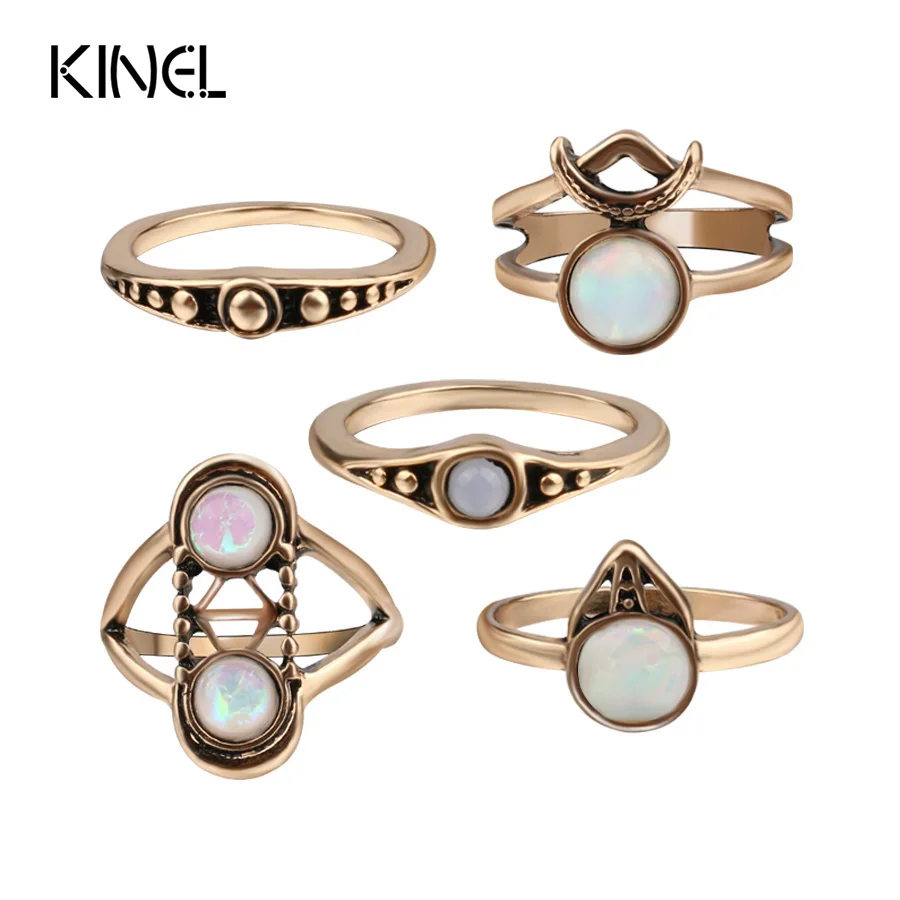 

Hot 2017 Fashion Ancient gold Color Midi Rings 5pcs/Sets 7 Color Fantasy Resin Bohemia Beach Knuckle Ring