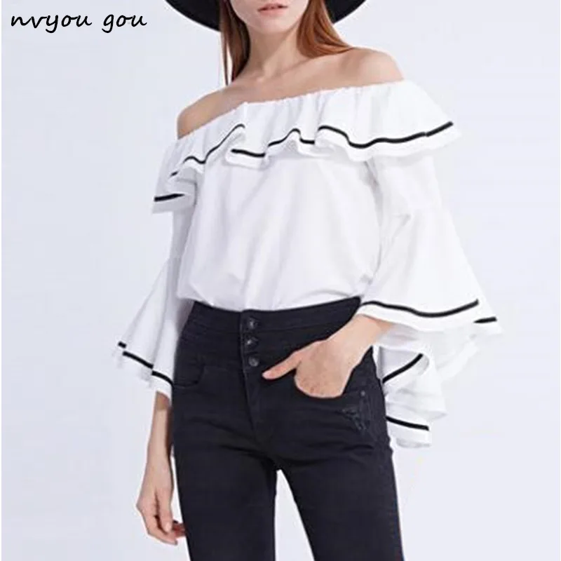 

nvyou gou Off Shoulder Butterfly Sleeve Blouse Sexy Slash Neck Ruffle White Solid Tops 2019 Newest Women Summer Hot Casual Shirt