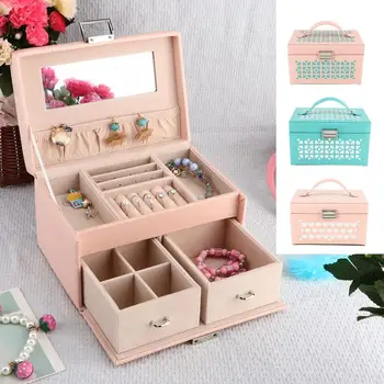 

Portable PU Leather Large Capacity Jewelry Box Case Storage Organizer with Mirror PU Leather 3 Colors Jewelry Display Holder b