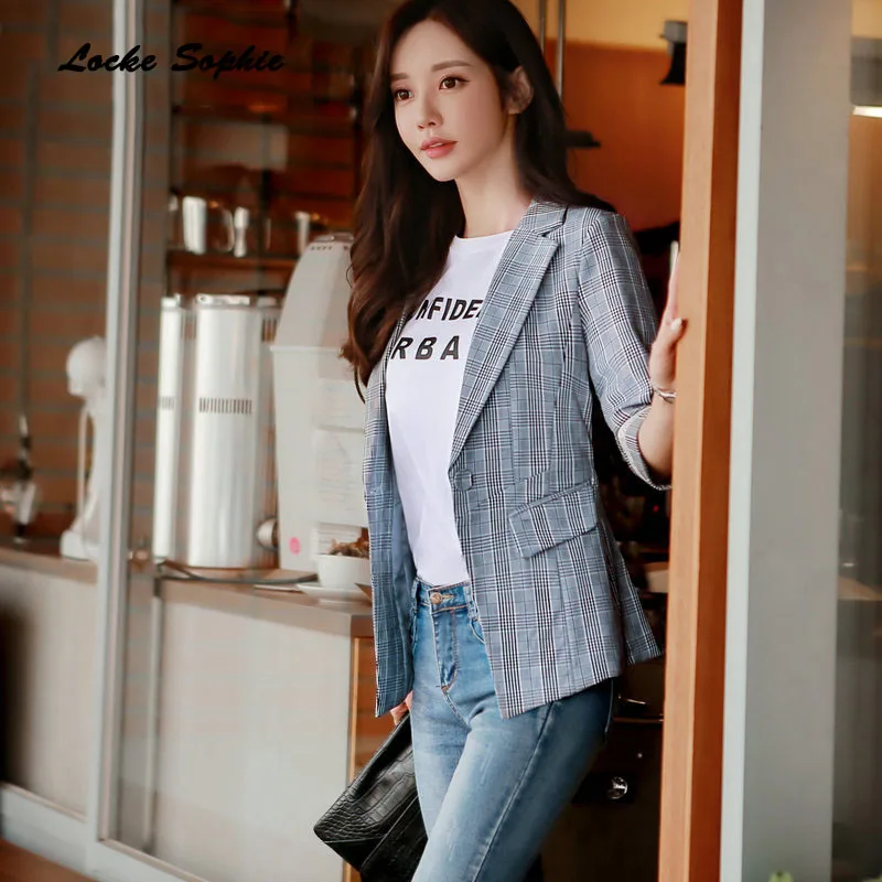 Women's Plus size Blazers coats 2019 Summer cotton cotton blend plaid Slim fit Small Suits jackets ladies Skinny Blazers Suit