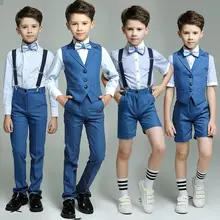 Модная детская одежда синего цвета для мальчиков, 4 предмета(ремень/жилет+ брюки+ рубашка+ галстук-бабочка), комплект одежды с блейзером для жениха/шоу/выступления/дня рождения