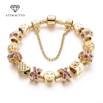 

ATTRACTTO Heart Charm Bracelets For Women Jewelry Making Gold Chain Bead Bracelets&Bangles Original Pulsera Bracelet SBR160131