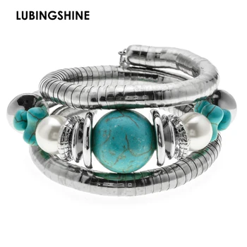 

LUBINGSHINE Vintage Silver Color Snake Chain Bracelet Big Round Ceramics Beads Bracelets Mujer Pulsera Bangles Women Jewelry