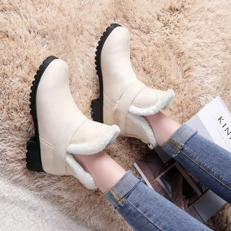 Haoshen& Girl/женские ботильоны зимняя повседневная обувь на каблуке теплые женские зимние боты с пряжкой, с круглым носком, качественная обувь размера плюс 33-48