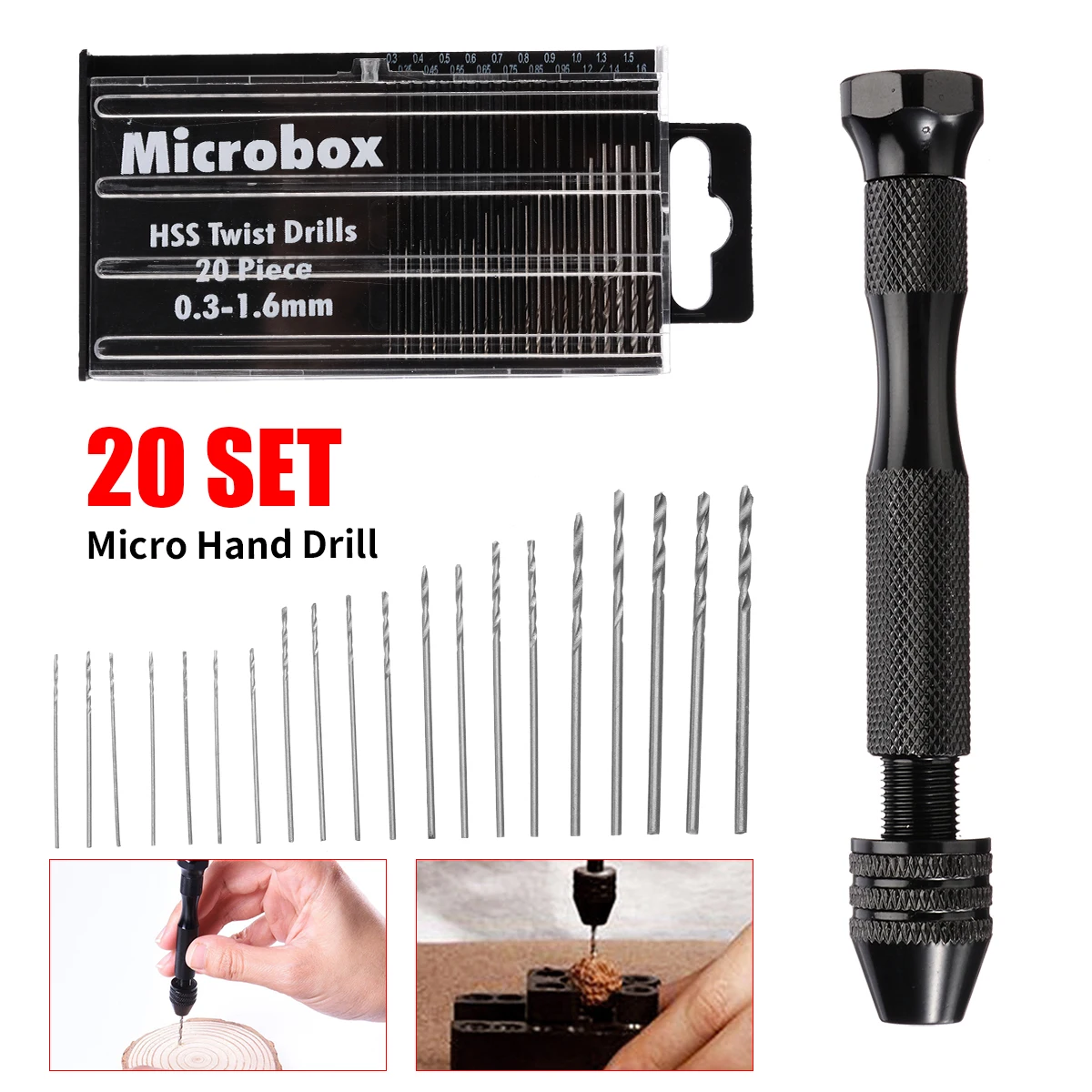 20 Set 0.3-1.6mm Titanium Coated HSS Drill Bits Spiral Vise Keyless Chuck Micro Hand Twist Drill Woodworking Rotary Tools