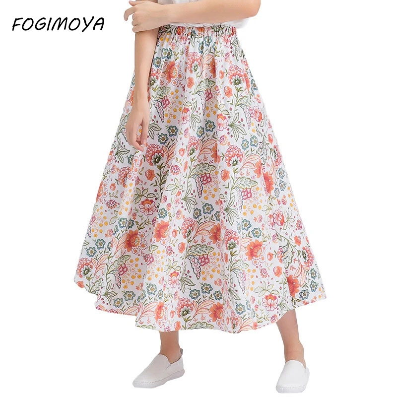 Fogimoya 2018 хлопок лен узор юбка женская весна лето длинные юбки с принтом дикий
