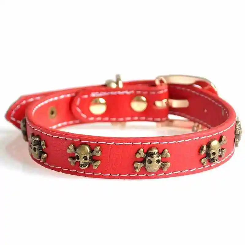 Red Sheepskin Leather Collar With Cool Small Skull Diamond Dog Collars