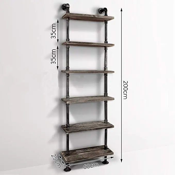 Industrial Wallshelf Rustic Modern Wood Ladder Pipe Wall Shelf 6 Layer Pipe Design Bookshelf DIY Shelving Wall Storage Holders