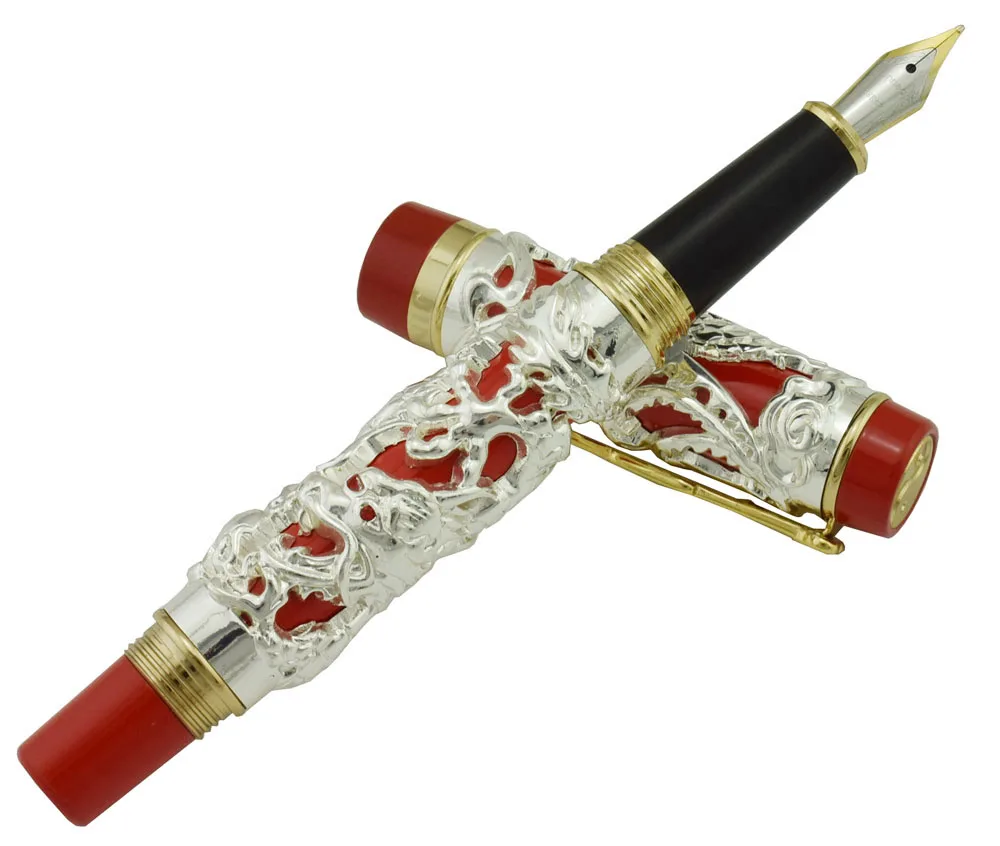 Jinhao Dragon Phoenix Vintage Luxurious Fountain Pen, Metal Carving Embossing Heavy Pen, Noble Silver & Red for Office School