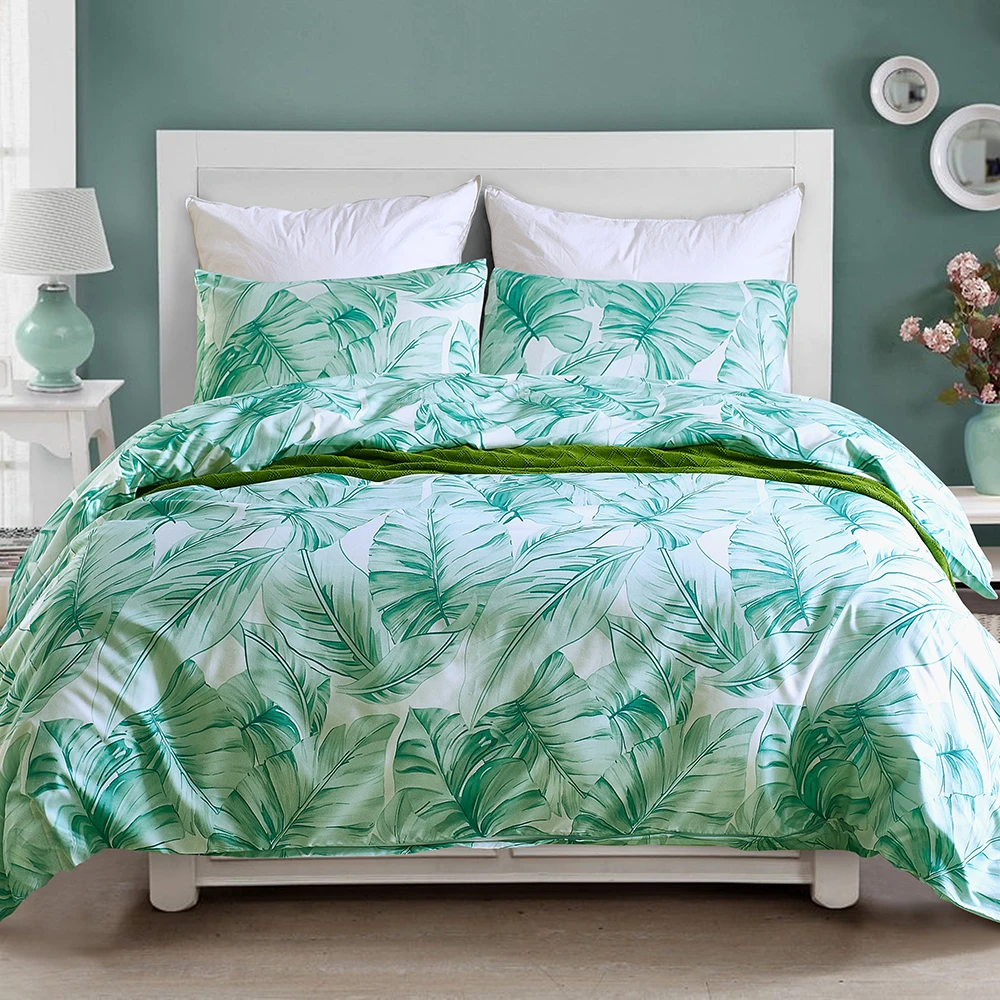 Tropical Green Plant Leaf Printing Duvet Cover Set Twin Queen King Size 