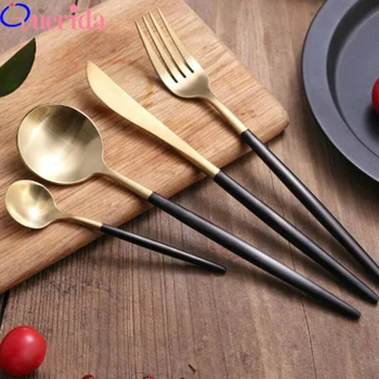 

2Pcs/lot Quality 304 Stainless Steel Black Handle Metal Dinnerware Set Japanese Kitchen Food Western Fork Dinner Hotel Tableware