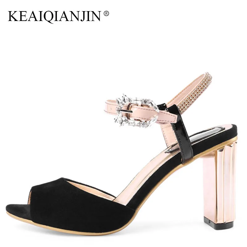 

KEAIQIANJIN Woman Genuine Leather Crystal Sandals Fashion Sexy Black Red High Heels Shoes Plus Size 33 - 43 Rivet Sandals 2018