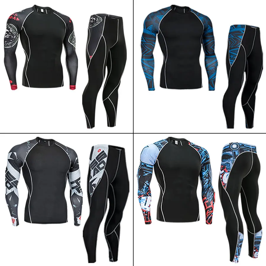 

Mens Sport Running Set Compression T-Shirt + Pants Skin-Tight Long Sleeves Fitness Rashguard MMA Training Clothes Gym Yoga Suits