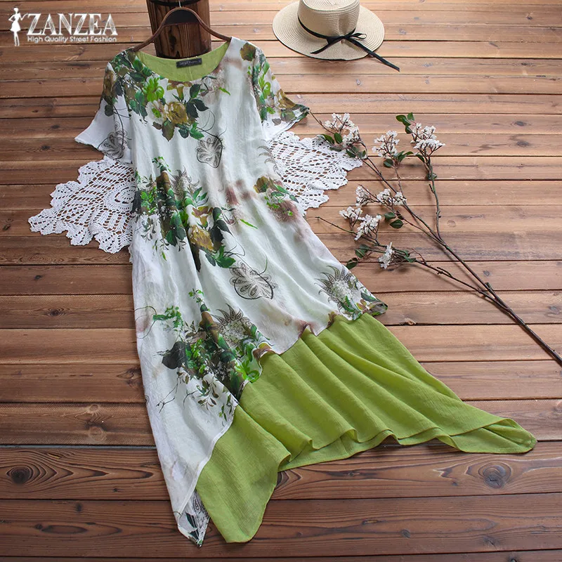 

2019 ZANZEA Women's Printed Sundress Bohemian Short Sleeve Mid-Calf Vestidos Plus Size Patchwork Long Dress Elegant Flower Robe