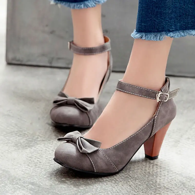 Black Gray Purple Cute Bow Ladies Block Heel Pumps Casual Walking High Heels for Women Comfortable Retro Ankle Strap Shoes Woman