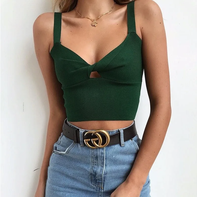 Girls Fashion Green Color Sexy Camis Women's V-neck Knitted Vest Tops Summer Strapless Crop Top For Women Wholesale