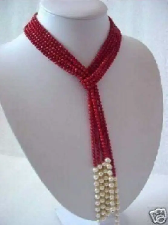 

Hot sale Charming 3 shares 5MM Red Coral & White Pearl Scarf Necklace 50