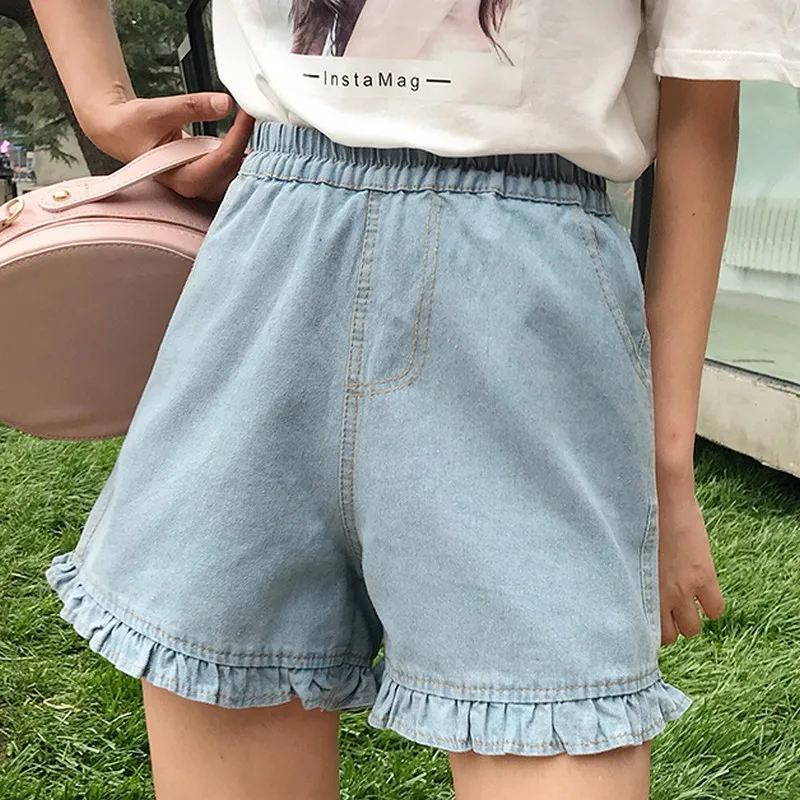 Summer Loose High Waist Denim Shorts Women Ruffle Elastic