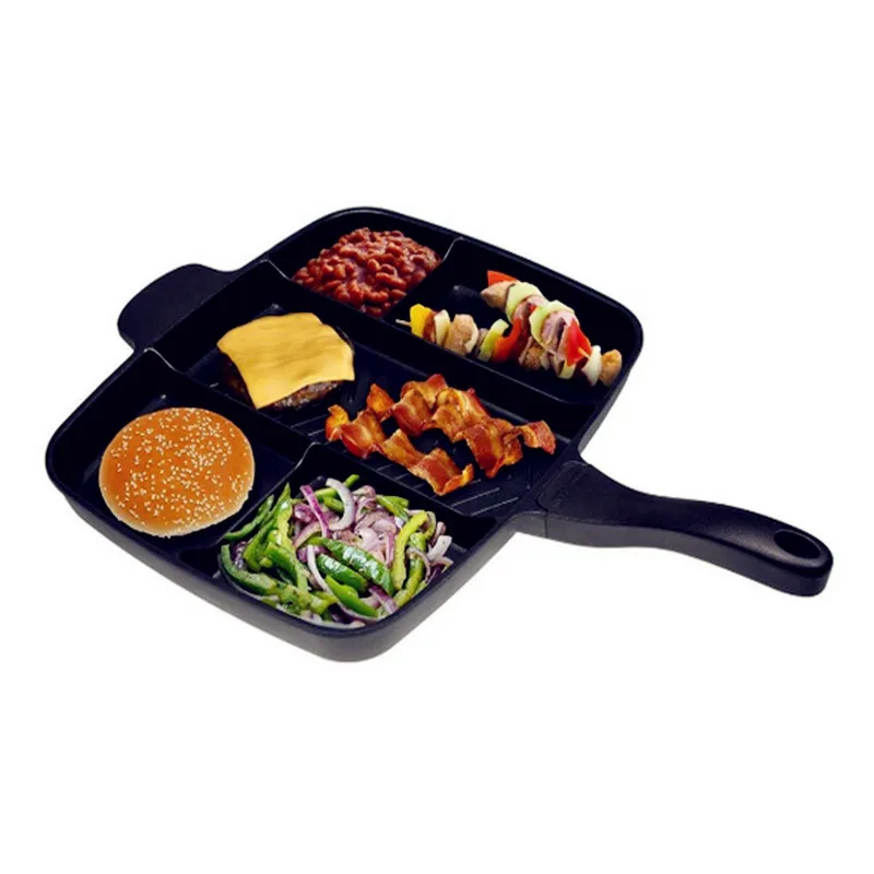 

2017 Wholesale Magic Fryer Pan Non-Stick 5 in 1 Fry Pan Divided Grill Fry Oven Meal Skillet 15" Black Squre Shape
