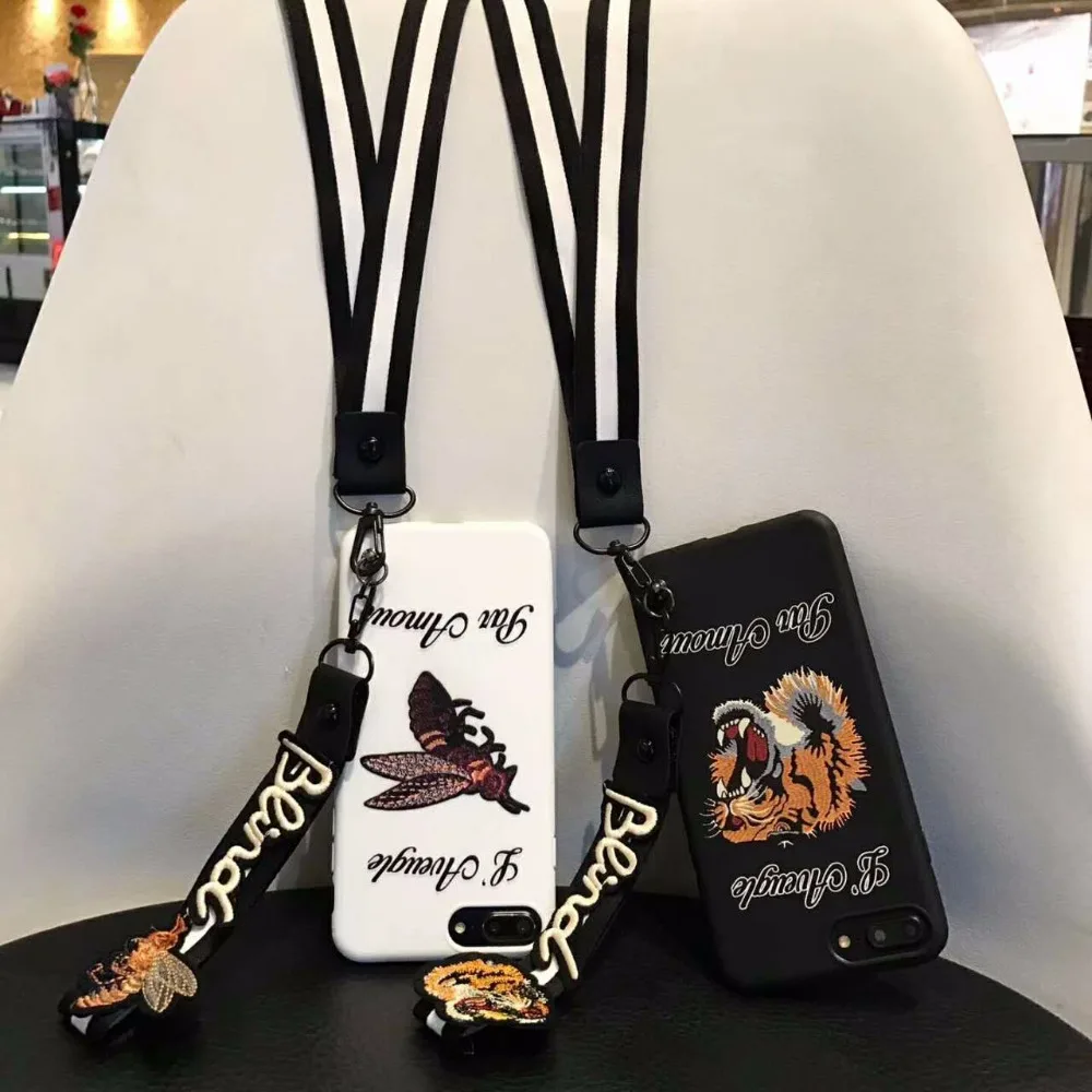 ZMASI Embossment Tiger Soft Cell Case for iPhone X 8 7 6 6s plus Relief Honeybee TPU Back Cover with Embroidery Lanyard |