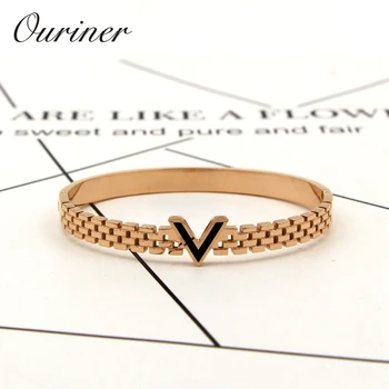 

Women Jewelry V Letter Black Enamel Bangle For Women Men Gold-Color Wristhand Belt Bangles Cuff Buckle Bracelets K0069-1