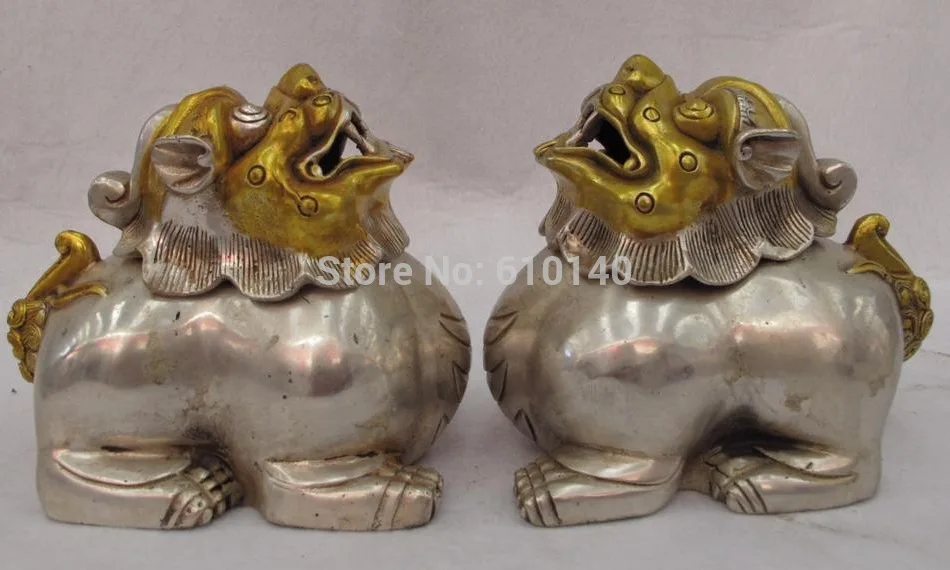 

5 Chinese White Copper Silver Gild Fu Foo Dogs Lion incense burner Statue Pair