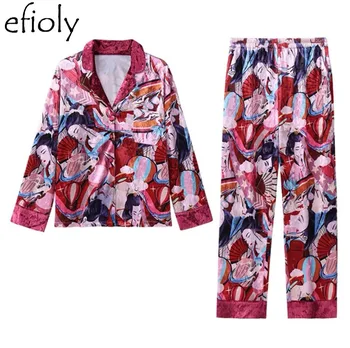 

EFIOLY Fashion Women's Autumn Winter Velvet Pajamas Sets Female Printed Long Sleeve Trousers Set Sleepwear Leisure Nightwear