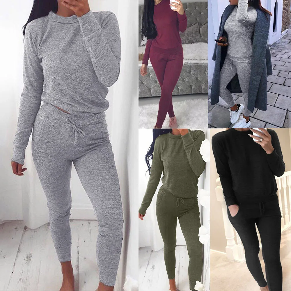 

New Arrival Fashion Womens 2 PCS Tracksuits Set Ladies Joggers Active Sport Blouse Tops Pants Sets Woman Tracksuit #4J25