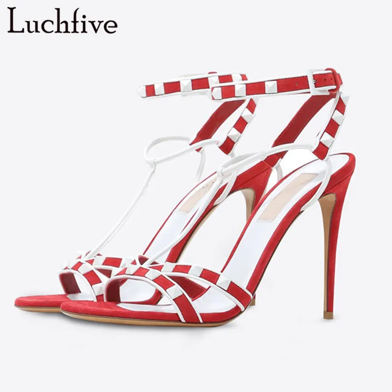 

Luchfive sexy gladiator sandals women high heels ankle strap cross tied white rivets studded summer shoes women sapato feminino