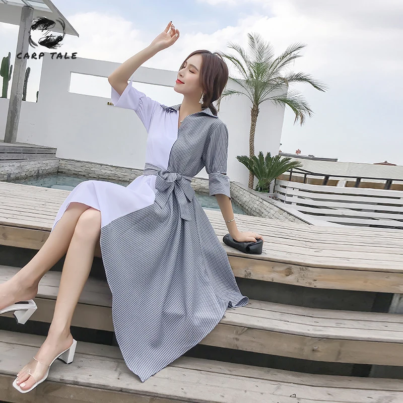 

Cold wind dress female summer dress 2019 new women's tide Korean version was thin in the dress irregular mosaic dress