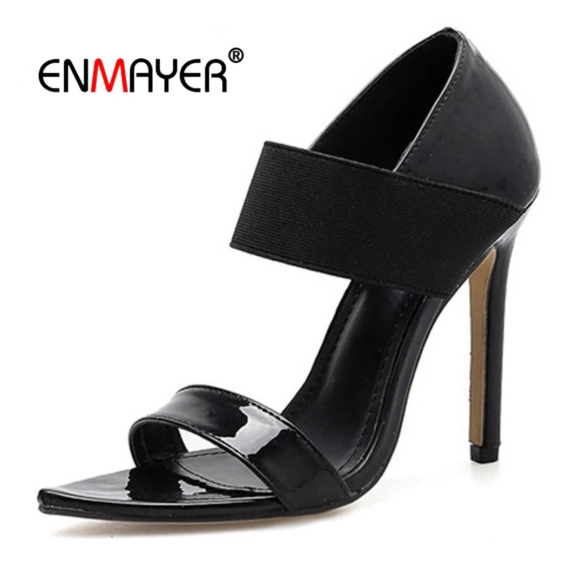 

ENMAYER Genuine Leather Basic Casual High Heels Sandals Women 2019 Summer Fashion Slip-On Woman Shoes Size 35-45 LY1243