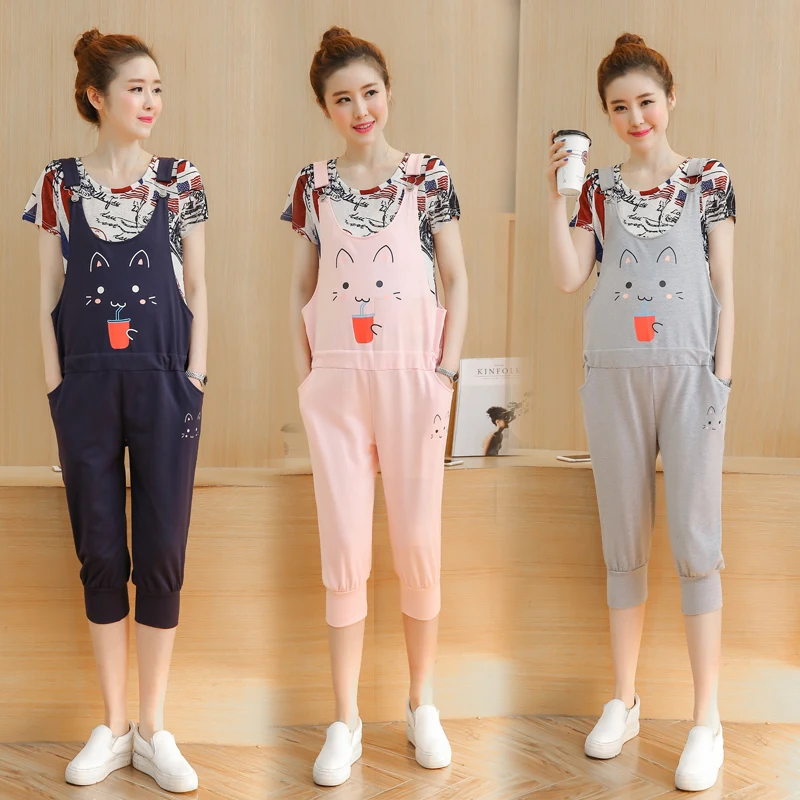 

2Pcs Pregnant Women Suspenders Maternity Clothing maternity bib pants T shirt breastfeeding maternity pants capris jumpsuit Set