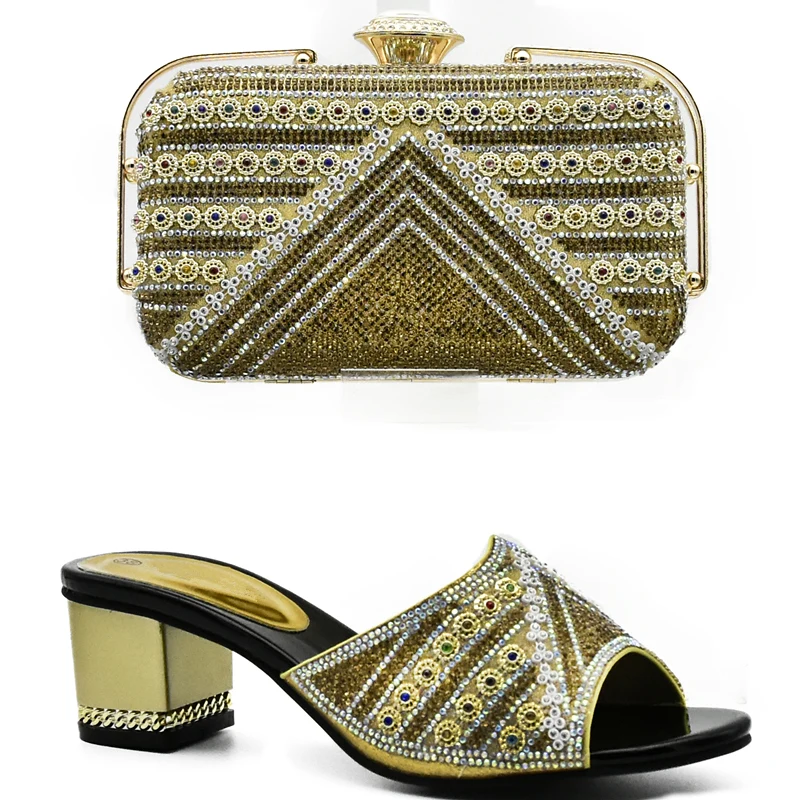 Rhinestone Gold Shoe and Bag Set Matching Shoe and Bag Set In Heels