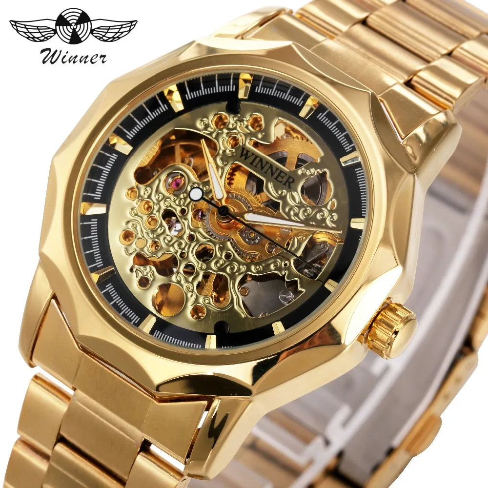 

T-WINNER Noble Man Automatic Mechanical Wrist Watch Skeleton Dial Metal Strap Creative Luxury Golden Bezel Design