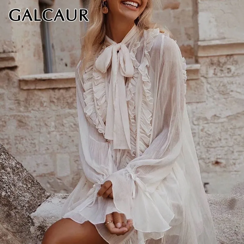 

GALCAUR Elegant Ruffles Dress For Women Bowknot Lace Up Flare Long Sleeve Loose Mini Dresses Female Summer Fashion 2019 Korean
