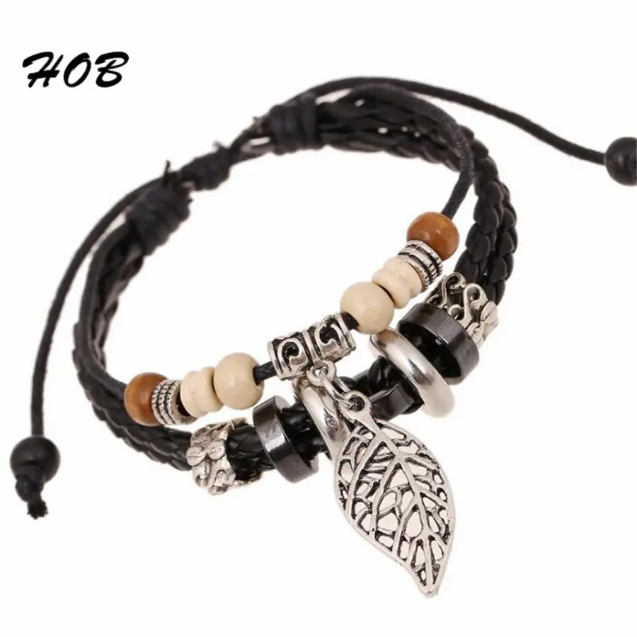 

Retro Genuine Leather Silver Hollow Leaf Charm Bracelets For Women Men Adjustable Braided Wristband Cuff Male Female Jewelry X3