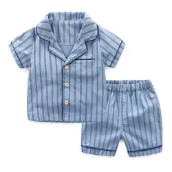 Новые детские костюмы, рубашка + шорты, 2 предмета, летние детские пижамы, хлопковая одежда для сна, полосатые детские пижамы, комплект