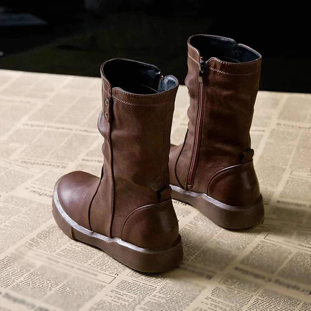 Women Leather Boots Flat Low Zipper Middle Tube Boots Casual Shoes Martin Boots