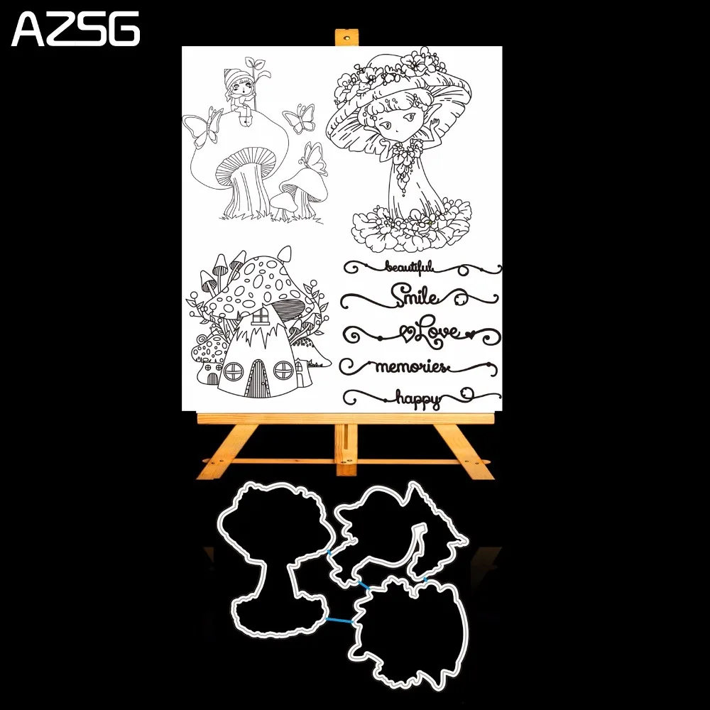 

Mushroom Fairy Metal Cutting Dies and Clear Stamp Set for DIY Scrapbooking Photo Album Decoretive Embossing Stencial