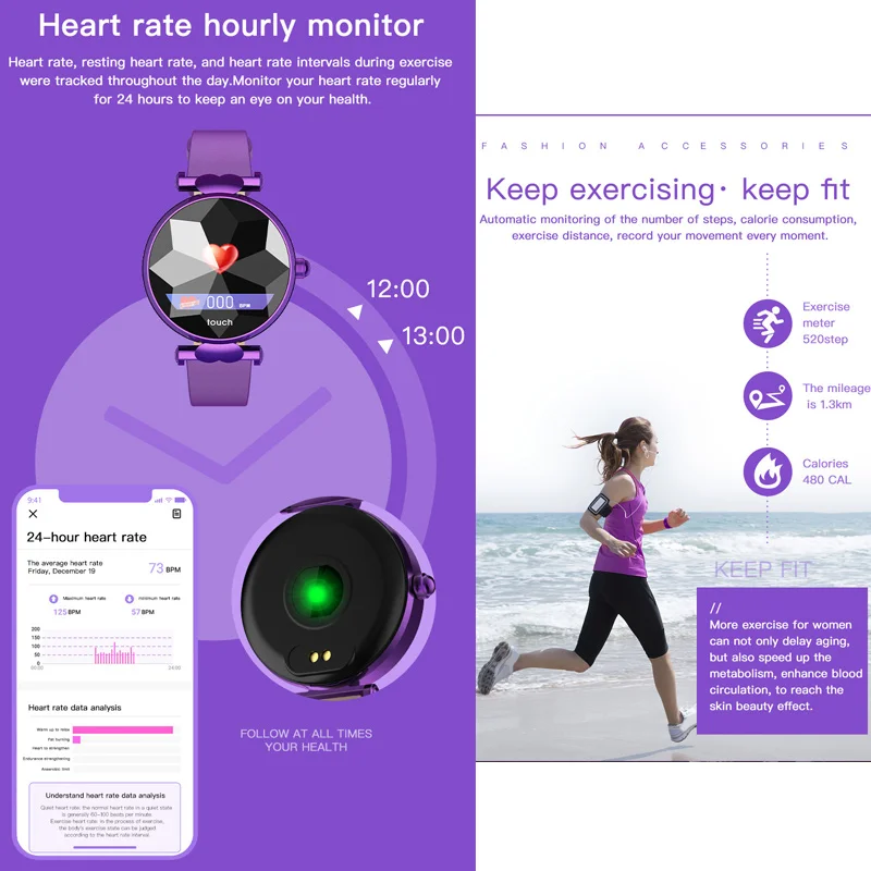 Women IP67 Waterproof Smart Watch with Heart Rate Monitor Fitness Tracking -Drop