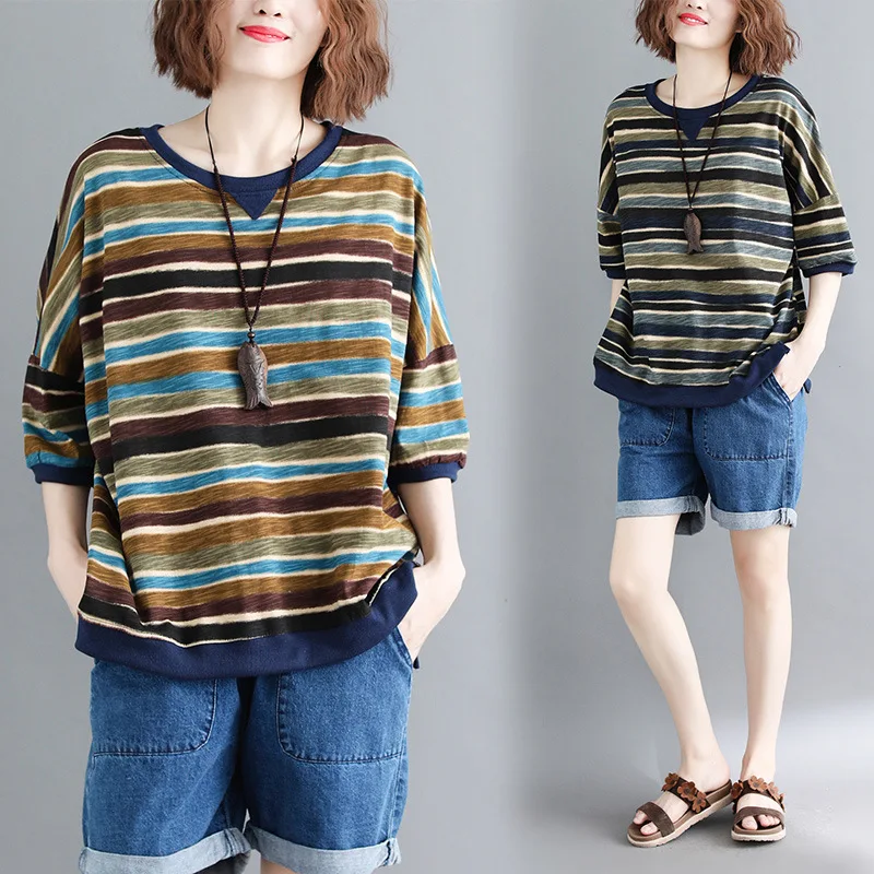 

2019 summer new shirt Korean version of the fat striped short-sleeved t-shirt female loose was thin large size women's clothing