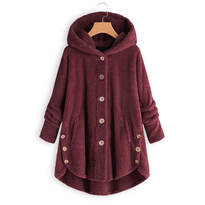 Пальто размера плюс с длинным рукавом Женские куртки из искусственного меха зимние женские теплые мягкие с капюшоном пуговицы для верхней одежды пуховое женское плюшевое Пальто 5XL - Цвет: Бургундия