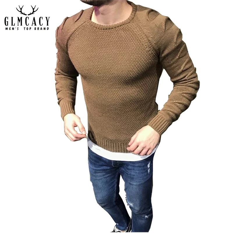 Для мужчин трикотажные Ruched выдалбливают О шеи свитер Повседневное Slim Fit Зима