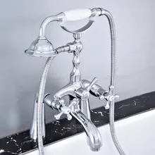 Polished Chrome Deck Mounted Bathtub Faucets Bathroom Basin Mixer Tap With Hand Shower Head Bath & Shower Faucet ztf757 double handles 3pcs waterfall chrome polished basin faucets deck mounted